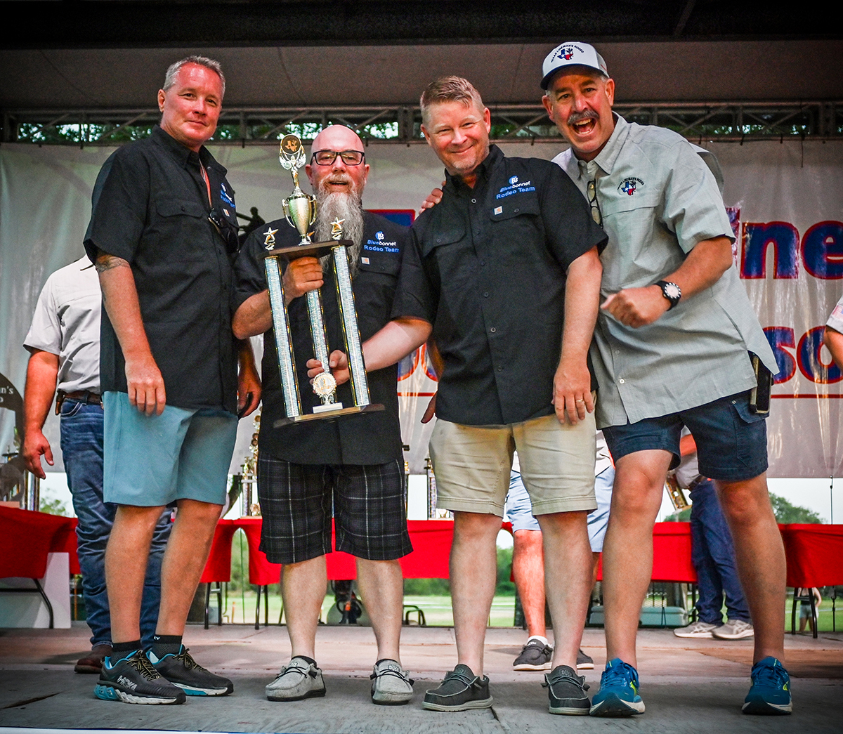 For the second year in a row, Michael Guajardo, Kenneth Rousch and Brandon Johnson won first place overall journeyman team in the senior division. Pictured here with TLRA Master Judge and Bluebonnet’s Doug Schlemmer.