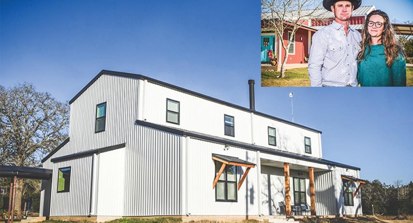 Mark and Sunny Woelfel built a 3,200 square-foot barndominium on family land in Giddings. Top right, Amanda and John Hart did all the work themselves building their barndominium in Winchester. (Sarah Beal photos)